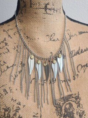 Boho Statement Necklace – Silver Fringe Chain with Gold Accents & Leaf Charms